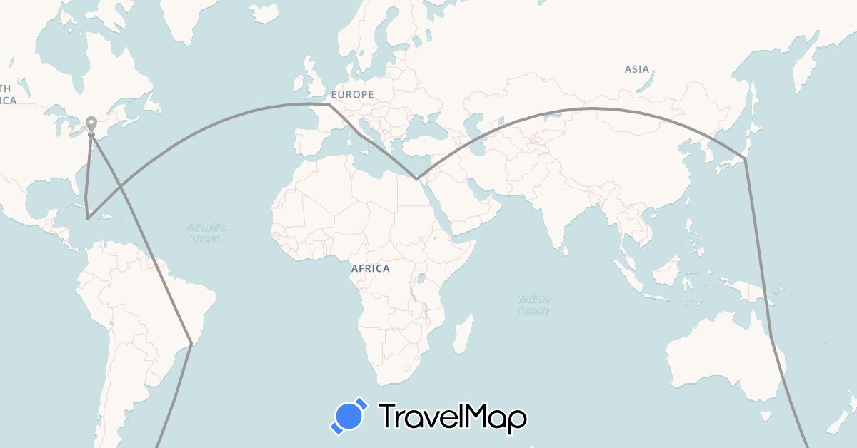 TravelMap itinerary: driving, plane in Australia, Brazil, Bahamas, Egypt, France, Italy, Jamaica, Japan, United States (Africa, Asia, Europe, North America, Oceania, South America)
